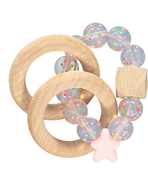 Nibbling Rattle Teething Ring 2-in-1 - Candy Pink - Natural Wood and Food Grade Silicone! Teethers