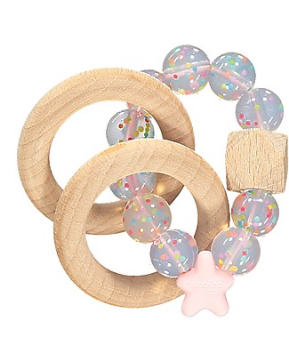 Nibbling Rattle Teething Ring 2-in-1 - Candy Pink - Natural Wood and Food Grade Silicone! Teethers