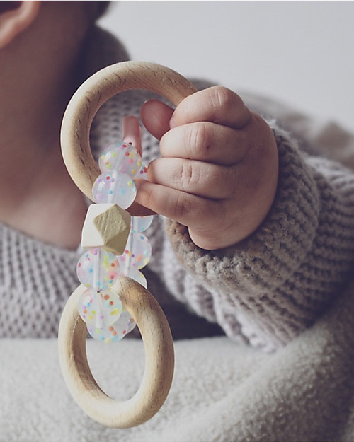 Nibbling Rattle Teething Ring 2-in-1 - Candy Pink - Natural Wood and Food Grade Silicone! Teethers