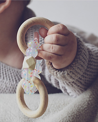 Nibbling Rattle Teething Ring 2-in-1 - Candy Pink - Natural Wood and Food Grade Silicone! Teethers