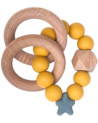 Nibbling Rattle Teething Ring 2-in-1 - Mustard - Natural Wood and Food Grade Silicone! Teethers
