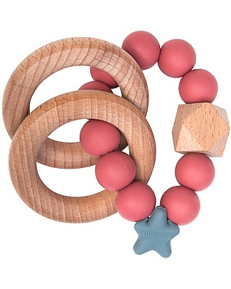 Nibbling Rattle Teething Ring 2-in-1 - Pomegranate - Natural Wood and Food Grade Silicone! Teethers