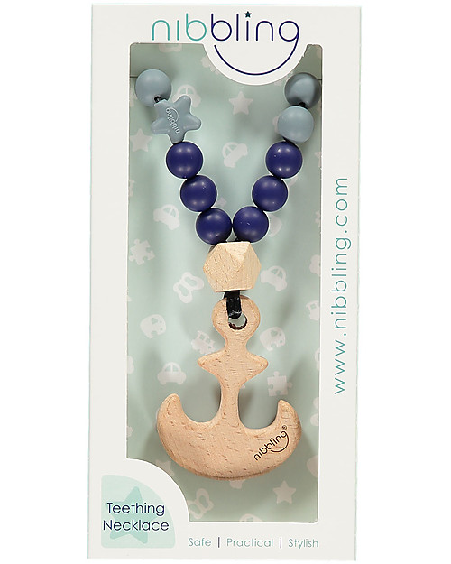 Nibbling Teething Necklace Natural Range - Anchor Navy/Grey - Natural Wood and Food Grade Silicone Teething Necklaces