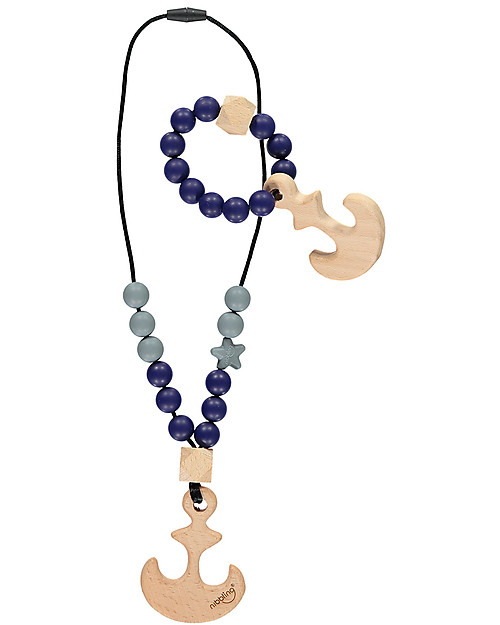 Nibbling Teething Necklace Natural Range - Anchor Navy/Grey - Natural Wood and Food Grade Silicone Teething Necklaces