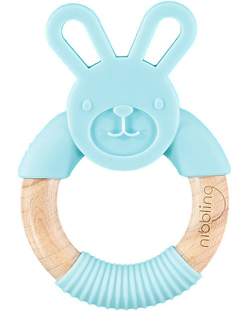 Nibbling Teething Ring - Blue - Bo the Rabbit - Natural Wood and Food Grade Silicone! Teethers
