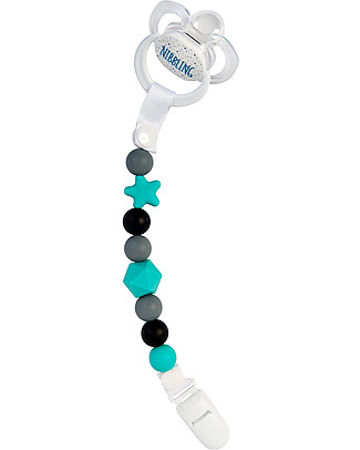 Nibbling Universal Dummy Clip - Comet Baby Turquoise/Black - 100% Food Grade Silicone and Breakaway Clasp! Dummies & Soothers