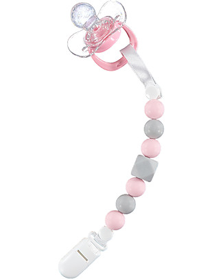 Nibbling Universal Dummy Clip - Geo Pink/Grey - 100% Food Grade Silicone and Breakaway Clasp! Dummies & Soothers