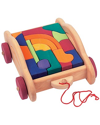 NICToys Construction Set with Carriage - 17 pieces - Yellow - 100% FSC Wood Wooden Push & Pull Toys