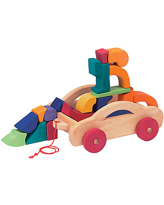 NICToys Construction Set with Carriage - 17 pieces - Yellow - 100% FSC Wood Wooden Push & Pull Toys