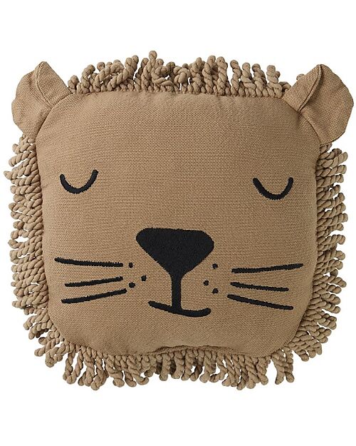 Nobodinoz Cuscino Leone - Ricamato con Frange - 34x34 - Twill di Cotone Lavato Cushions