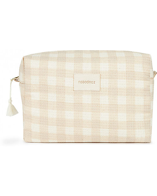 Nobodinoz Diva Waterproof Beauty Case - Ivory Checks - 16x25x10 cm - Organic Cotton Makeup Bags and Pouches