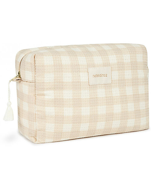 Nobodinoz Diva Waterproof Beauty Case - Ivory Checks - 16x25x10 cm - Organic Cotton Makeup Bags and Pouches
