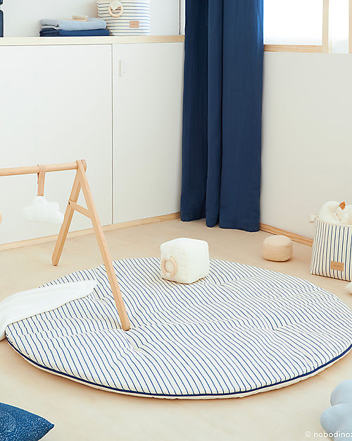 Nobodinoz Fluffy Round Playmat - Blue/Natural Stripes - 110x6 cm - Organic Cotton Padded Playmats