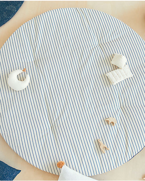 Nobodinoz Fluffy Round Playmat - Blue/Natural Stripes - 110x6 cm - Organic Cotton Padded Playmats