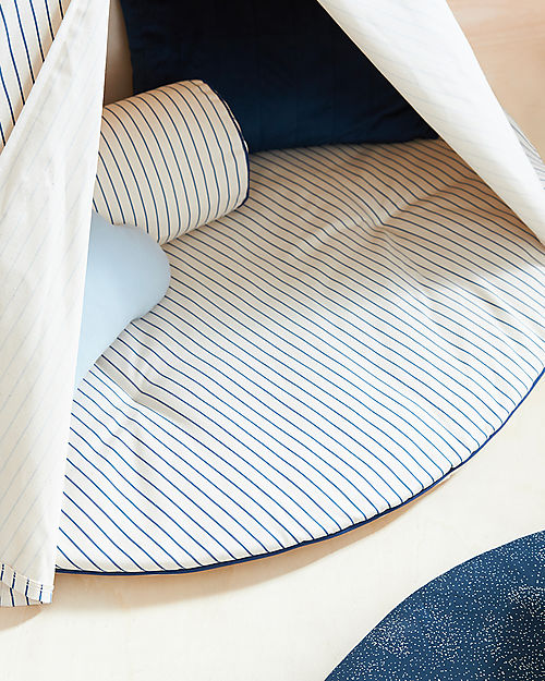 Nobodinoz Fluffy Round Playmat - Blue/Natural Stripes - 110x6 cm - Organic Cotton Padded Playmats