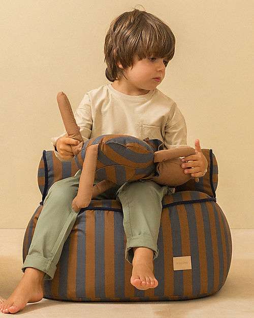 Nobodinoz Majestic Beanbag - Blue Brown Stripes/Taupe - 50x50x25 cm - Organic Cotton Pouf