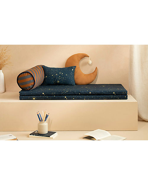 Nobodinoz Majestic Cylindric Cushion - Blue Brown Stripes - 50x18 cm - Organic Cotton Cushions