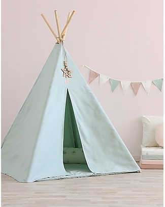 Nobodinoz Phoenix Teepee, White Bubble/Aqua - Organic cotton and pine wood Tepees & Tents