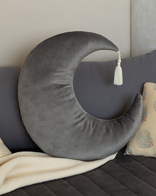 Nobodinoz Pierrot Moon Velvet Cushion - Slate Grey - 36x32x6 cm Cushions