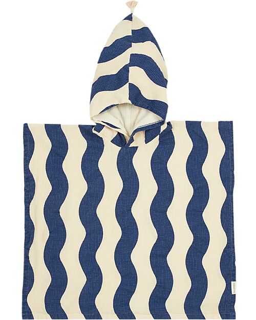 Nobodinoz Portofino Bath Poncho - Blue Waves Waffle - Organic Cotton Towels And Flannels