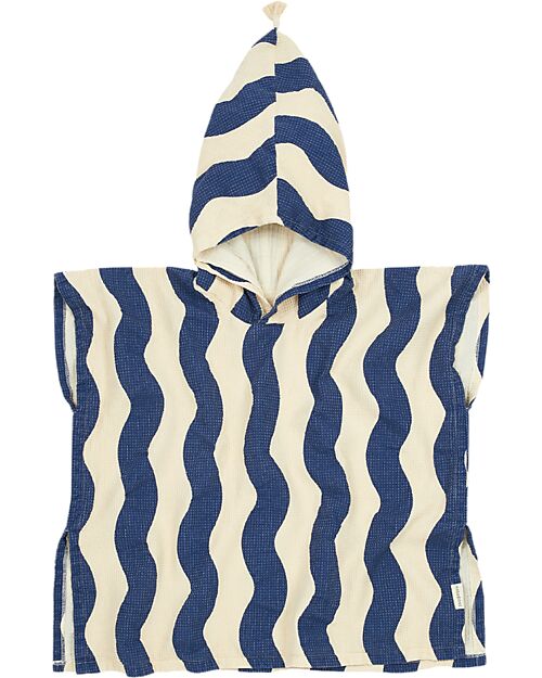 Nobodinoz Portofino Bath Poncho - Blue Waves Waffle - Organic Cotton Towels And Flannels