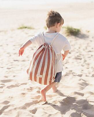 Nobodinoz Portofino Beach Towel Bag Set - Rusty Red and White Stripes - Organic Cotton Towels And Flannels