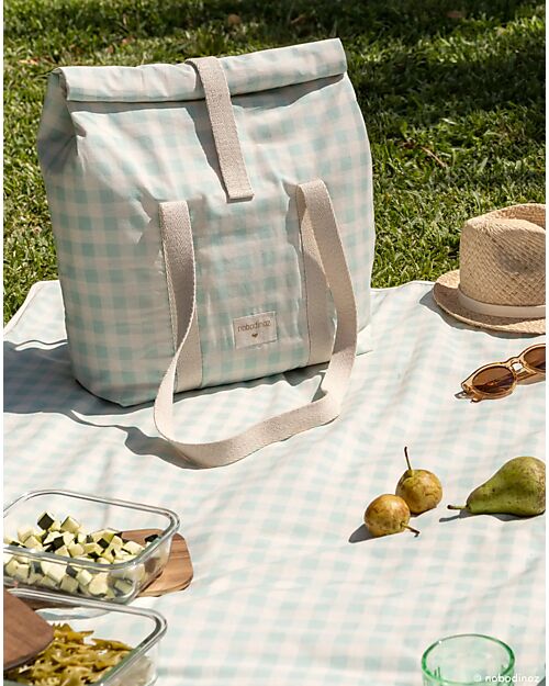 Nobodinoz Sunshine Family Cooler Bag - Vichy Opaline - Organic Cotton Thermal Containers