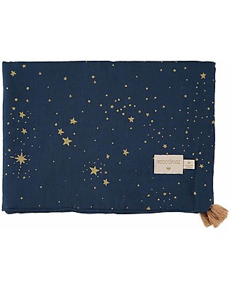 Nobodinoz Treasure Summer Blanket 70x100 cm, Gold Stella/Night Blue - Organic cotton Muslin Swaddle