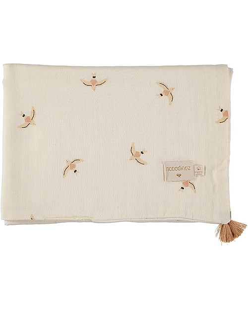 Nobodinoz Treasure Summer Blanket 70x100 cm, Nude Haiku Birds/Natural  - Organic cotton Muslin Swaddle