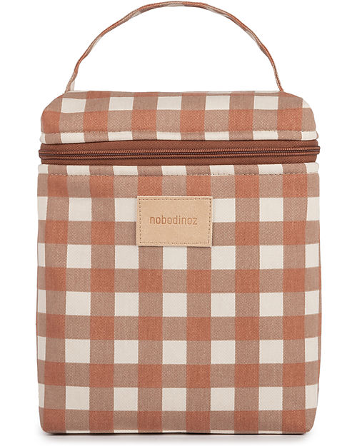 Nobodinoz Waterproof Thermal Bag for Snacks and Baby Bottles Baby on the Go - Terracotta Checks - Organic Cotton Thermal Containers