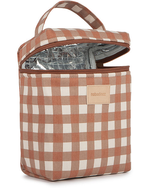 Nobodinoz Waterproof Thermal Bag for Snacks and Baby Bottles Baby on the Go - Terracotta Checks - Organic Cotton Thermal Containers
