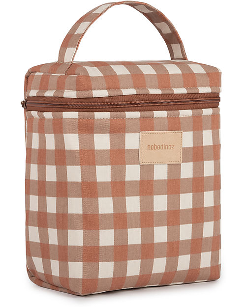 Nobodinoz Waterproof Thermal Bag for Snacks and Baby Bottles Baby on the Go - Terracotta Checks - Organic Cotton Thermal Containers