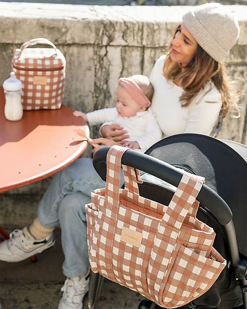 Nobodinoz Waterproof Thermal Bag for Snacks and Baby Bottles Baby on the Go - Terracotta Checks - Organic Cotton Thermal Containers