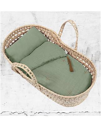 Numero 74 Doll Basket + Sage Green Linen Set - All Handmade! Dolls Accessories