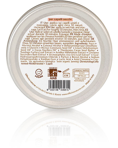 Officina Naturae Nourishing Mask for Dry Hair - Cocoa Butter Organic Coconut Oil - 150ml - AIAB Certified Hair Care