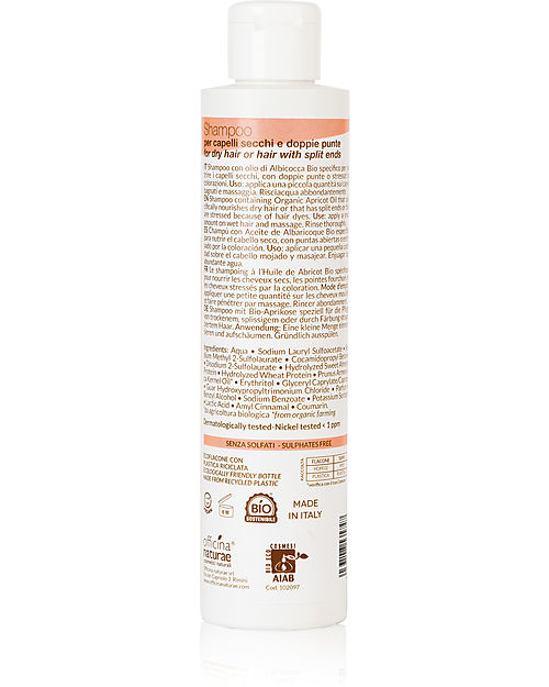 Officina Naturae Split Ends and Dry Hair Shampoo - Almond Wheat Protein and Organic Apricot - 200ml - AIAB Certified Shampoos And Bath Wash