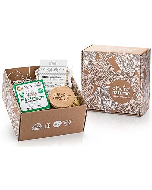 Officina Naturae Zero Waste Mint Dishes Gift Set: Solid Detergent - Dish Brush - Solid Holder Tableware Detergent