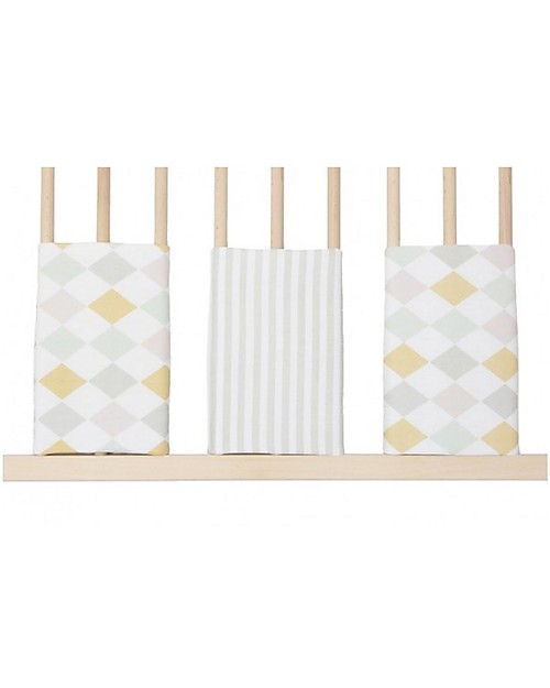 Olli Ella Bumpettes, Individual Cot Bar Bumpers, Harlequin Dusk Grey/Yellow - Set of 6 pieces, 100% Organic Cotton Bumpers