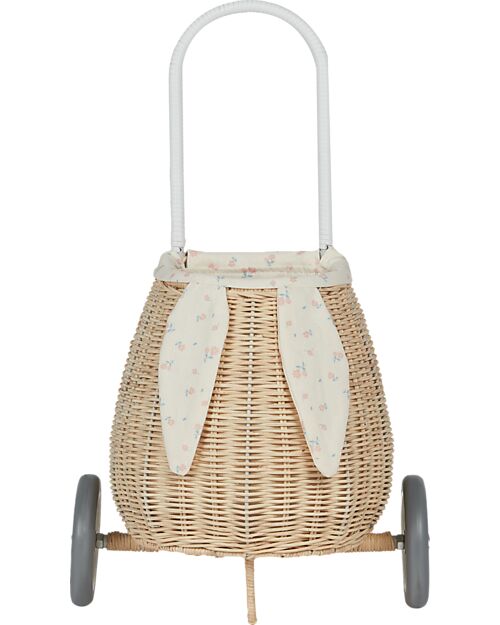 Olli Ella Luggy - Toy Basket with Wheels - Bunny - Internal Floral Lining - Natural - Handmade Wicker Basket