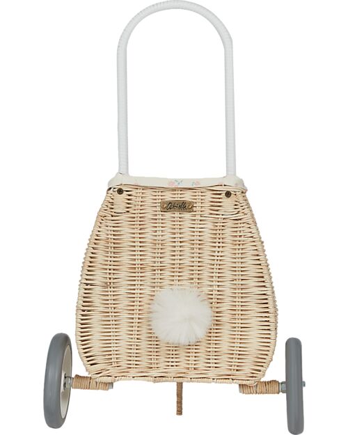 Olli Ella Luggy - Toy Basket with Wheels - Bunny - Internal Floral Lining - Natural - Handmade Wicker Basket