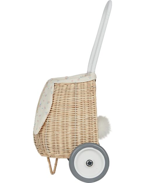 Olli Ella Luggy - Toy Basket with Wheels - Bunny - Internal Floral Lining - Natural - Handmade Wicker Basket