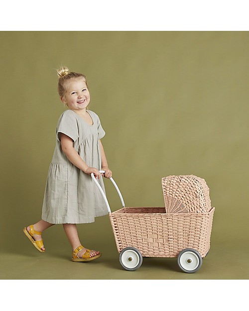 Olli Ella Rattan Doll Stroller - Rose - Hand Woven Toy Prams