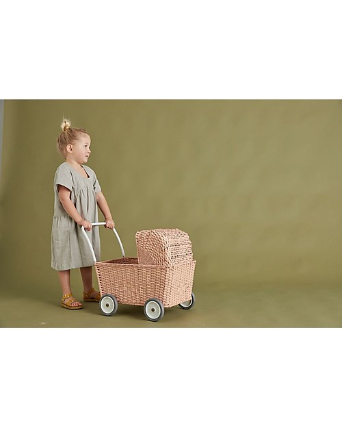 Olli Ella Rattan Doll Stroller - Rose - Hand Woven Toy Prams