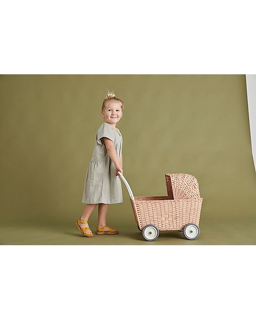 Olli Ella Rattan Doll Stroller - Rose - Hand Woven Toy Prams