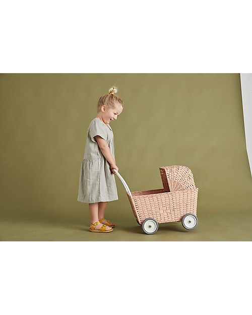 Olli Ella Rattan Doll Stroller - Rose - Hand Woven Toy Prams