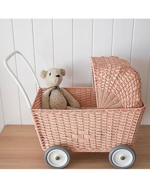 Olli Ella Rattan Doll Stroller - Rose - Hand Woven Toy Prams