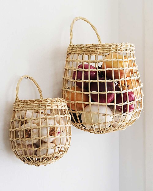 Olli Ella Rattan Storage Baskets Set - Onion Basket Duo - Straw Color - Handmade! Wall Storage Organize