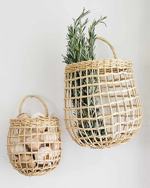 Olli Ella Rattan Storage Baskets Set - Onion Basket Duo - Straw Color - Handmade! Wall Storage Organize