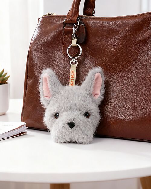 One Love Plush Remy the Bulldog Charm - Grey - 14 x 13 x 10 cm - 100% Recycled Materials Puppets