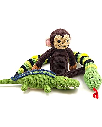 Pebble Crocodile Rattle - Jungle Animals Collection - Handmade in Fair Trade Organic Cotton Crochet Soft Toys